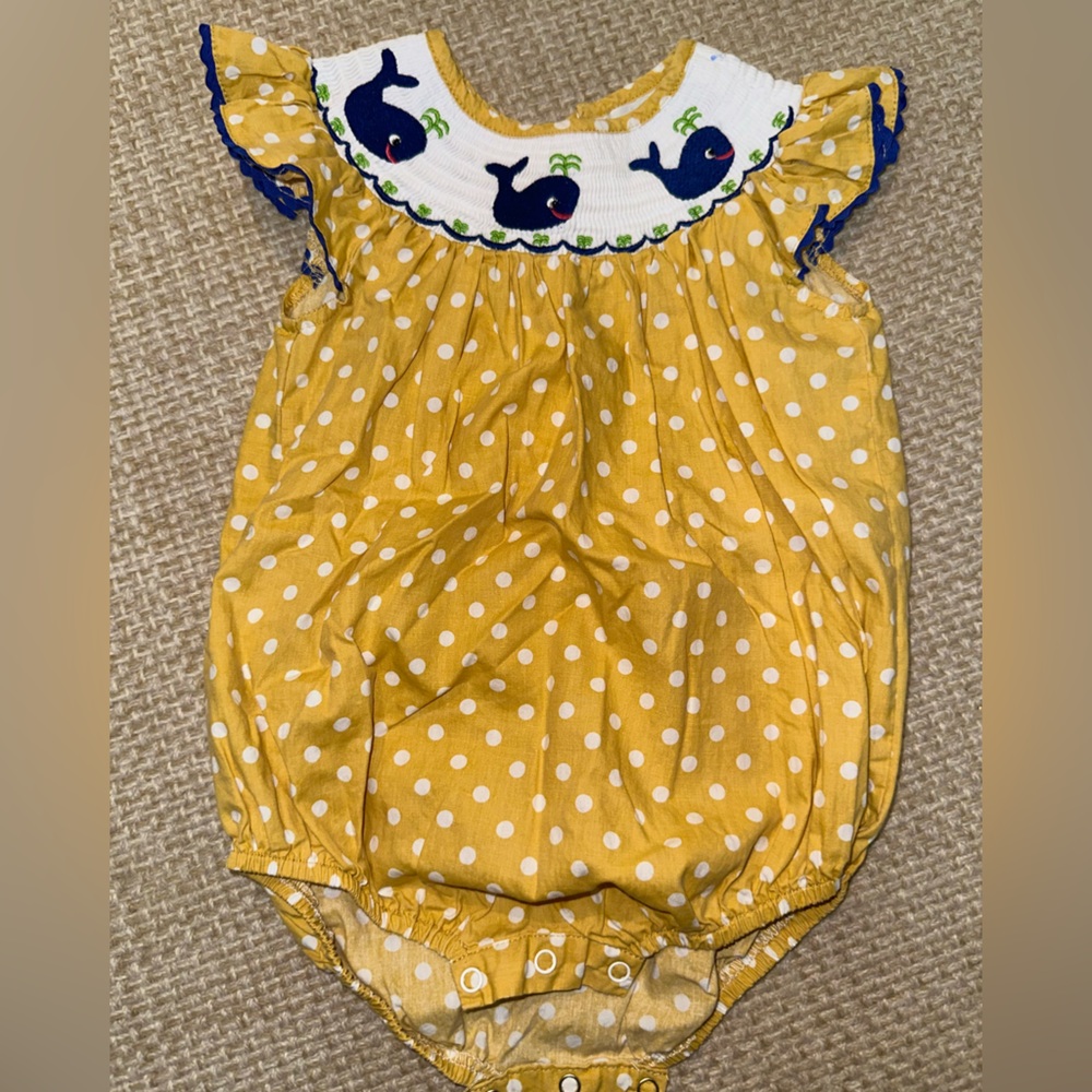 Lil Cactus Mustard Polka Dot Whale Smocked Bishop Bubble - Size 12-18M